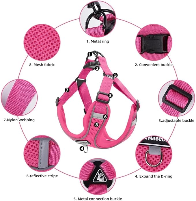 Dog Harness and Leash Set, Adjustable Triangle, Reflective Adjustable Puppy Vest, No Pull Soft Mesh Harness for Small, Medium Dogs, Cats (Fuchsia, S)