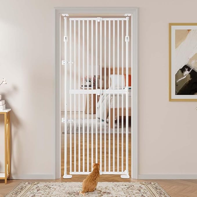 unipaws 75" High Extra Tall Cat Gate, Auto Closing and No Drilling Safety Gate for Doorway Hallway Stairs, Cat Dog Proof, Fit for 21"-34" Wide Opening, Indoor Use, White