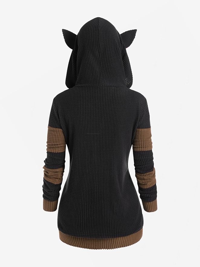 ROSE GAL Rosegal Women Plus Size Cat Ear Ribbed Hooded Blouson Jacket Animal Ear Two Tone Cute Hoodie