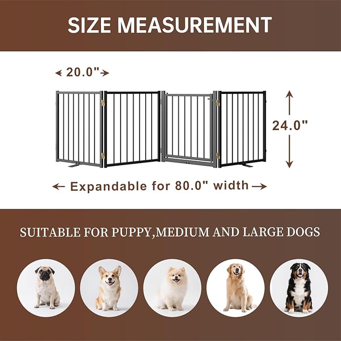 4 Panels Full Metal Freestanding Dog Gates with Door, 80” W x 24” H Folding Pet Gate Fence with Support Feet for Indoor,Stairs, Hallways and Doorways(Black)