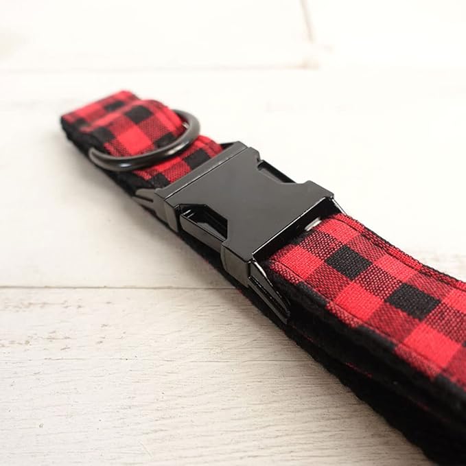 PETDURO Personalized Buffalo Plaid Dog Collar Red Black - Engraved Name and Phone Number on Black Metal Buckle - Custom for Small Medium Large Boy Girl Dogs - Add Leash Bow Tie via Customize Now