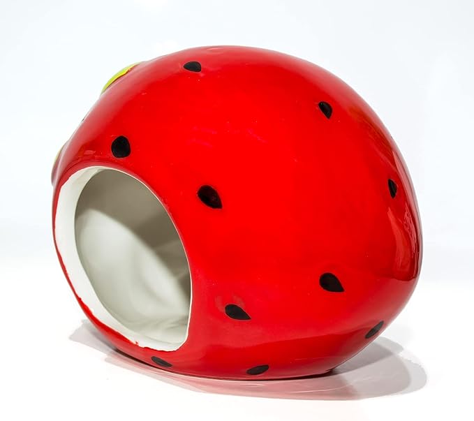 Besimple Hamster Hideout, Small Animal Hideout Ceramic Pet House, Adorable Shape Hamster House Cave Mini Hut Cage Critter Bath House for Chinchilla(Strawberry)
