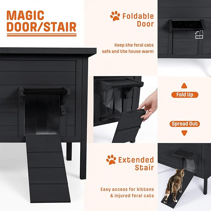 BRIOPAWS Outdoor-Cat-House-Insulated | Feral-Cat-Shelter for Winter | Weatherproof | Large Wooden Pet House for Multiple Cats | Foldable Ladder | Acrylic Side Window | Black
