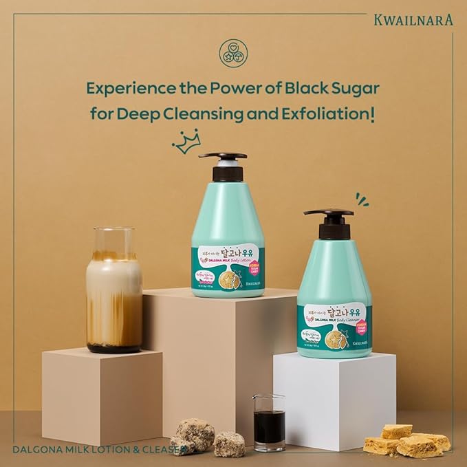 Kwailnara Dalgona Milk Body Wash & Lotion Set (19.75 Oz Each) – 2-Piece Korean Skincare Duo for Exfoliated & Hydrated Skin | Milk Protein, Royal Jelly & Smoothing Black Sugar | Paraben-Free