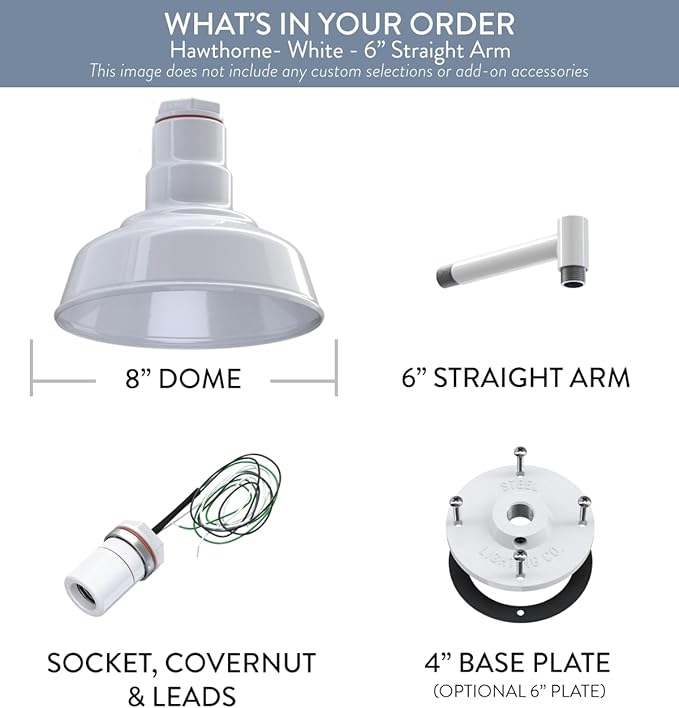 Steel Lighting Co. | Dusk to Dawn | Hawthorne Barn Light | Outdoor Wall Mounted | 8 in Dome | 6 in Straight Arm| Small Farmhouse Light Made in America | White Exterior/White Interior