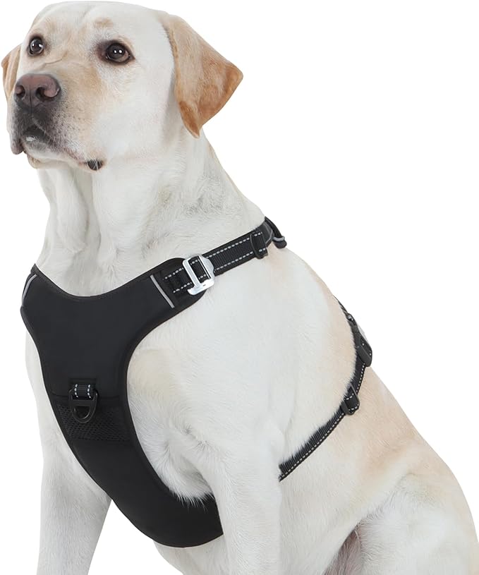 No Pull Dog Harness with 3 Snap Buckles,No Choke Front Lead pet Harness Reflective and Adjustable Soft Padded Vest for Small Medium Large Dog (Black, Large)