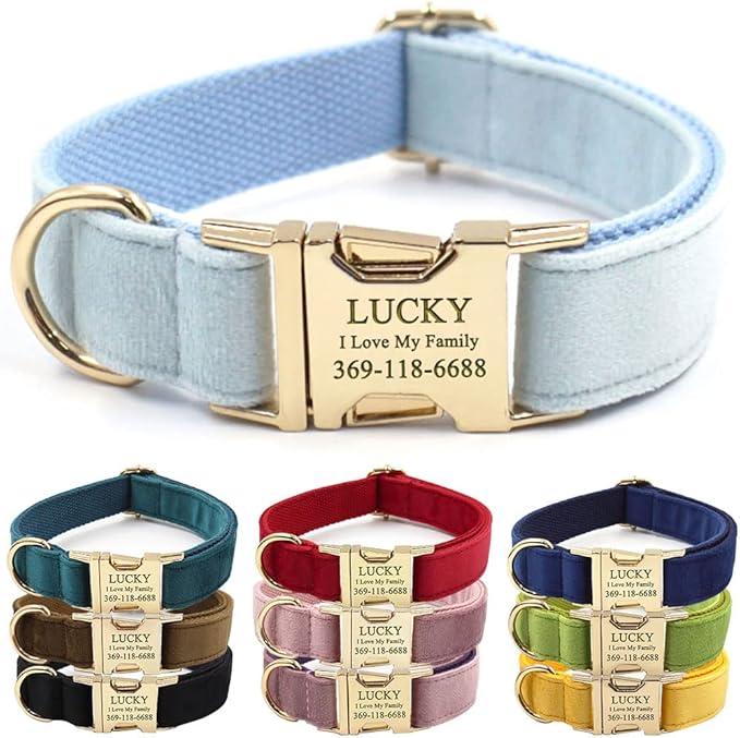 PETDURO Personalized Dog Collar Sky Blue Soft Velvet for Large Medium Small Boy Girl Dogs - Custom Collar with Name Phone Number Engraved on Gold Metal Buckle - Add Leash Bow Set via Customize Now