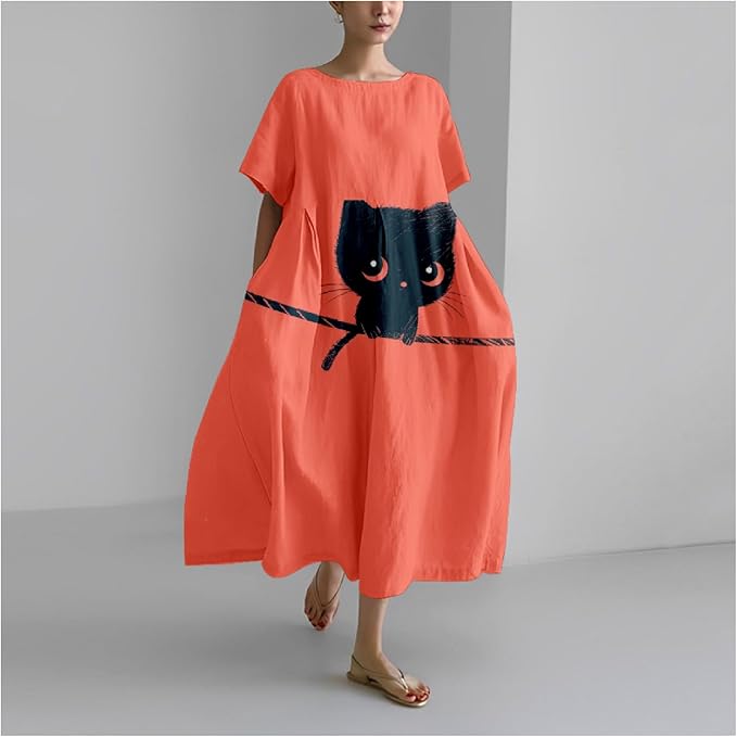 MARSVOVO Summer Dress for Women Funny Cat Graphic Cute Short Sleeve Maxi Dress Causal Plus Size Party Dress for Women