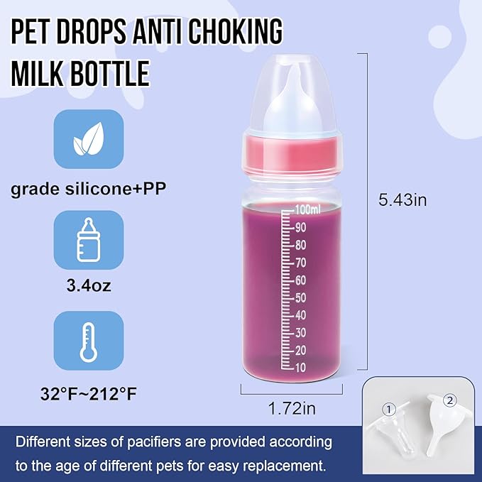 ASEVAT 3.4 oz 3Pack Pet Feeding Bottle, Anti-Choking Puppy Feeder Design,with 3pcs Replaceable and Reusable Silicone Nipples for Feeding Puppies, Kittens, Small Animals