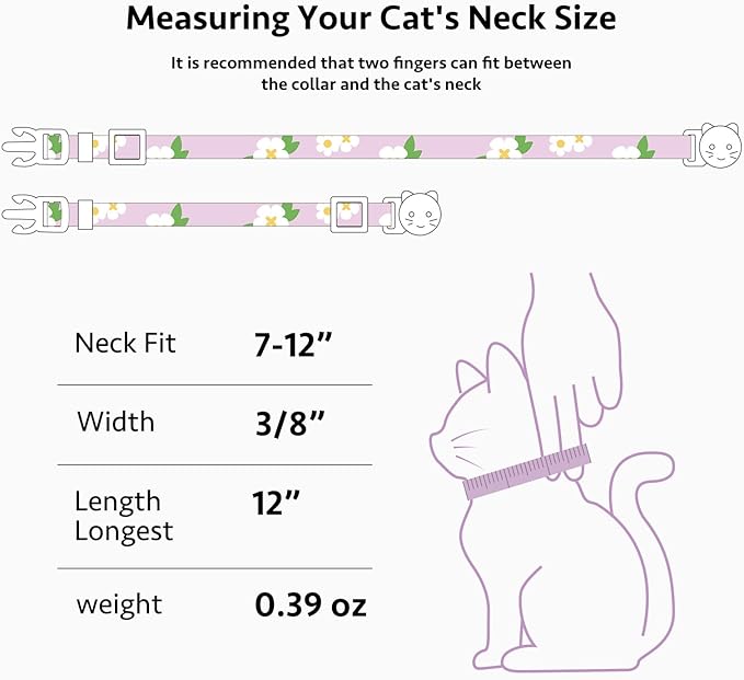 2 Pack Cotton Breakaway Cat Collar Purple and Pink Flowers Pendant Cute Kitten Cat Collar with Bell