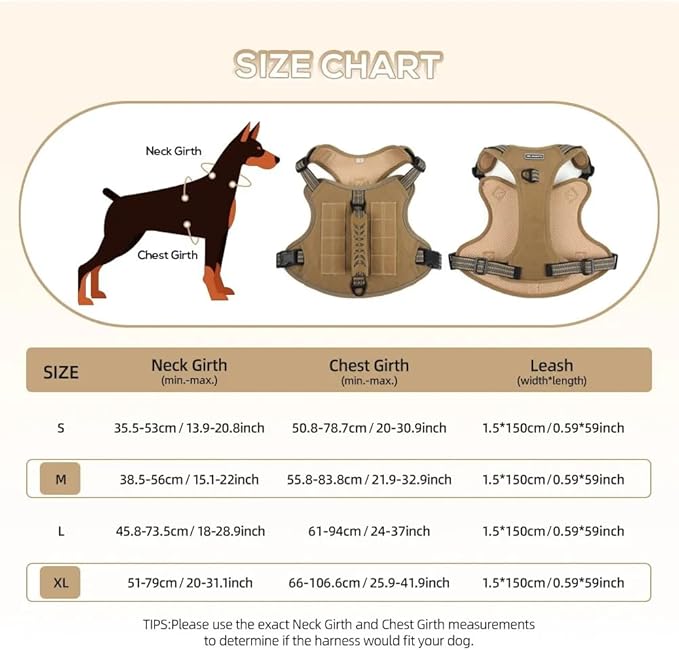 Tactical Dog Harness with Leash for Large Dogs, No Pull Adjustable Dog Harness, Reflective K9 Working Pet Vest for Walking, Training (Khaki, L)