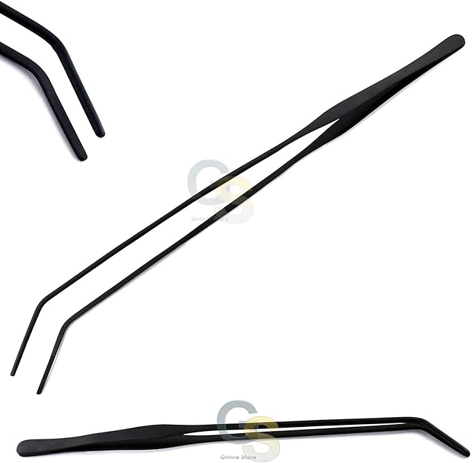 G.S 15" Aquarium Tweezers, Stainless Steel Long Tweezers for Aquarium, Anti-rust Carbonation Coating, Curved Forceps Nippers, Perfect for Planting in Fish Tank Reef Tank Terrarium.