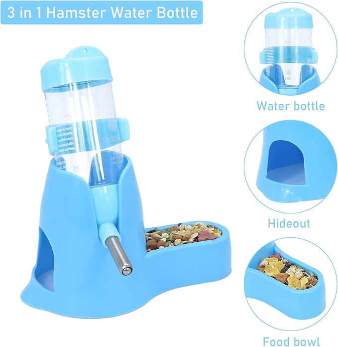 Wontee Hamster Water Bottle Water Dispenser Hamster Silent Exercise Running Wheel for Dwarf Hamsters Gerbil Mice (Blue, 80ML)