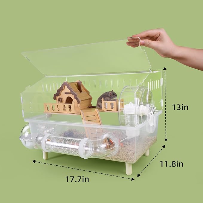 Clear Acrylic Hamster Cage, Dwarf Hamster Cage, Mouse Cage, Gerbil Cage - All-in-One Hamster Habitat with 18cm Silent Wheel, Tubes & Full Kit, 17.7×11.8×13" for Dwarf Hamsters, Mice, Gerbils