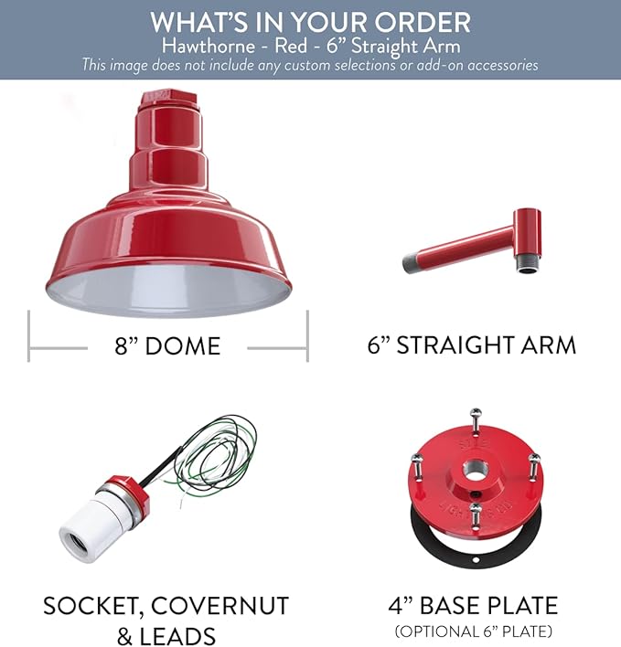 Steel Lighting Co. | Dusk to Dawn | Hawthorne Barn Light | Outdoor Wall Mounted | 8 in Dome | 6 in Straight Arm| Small Farmhouse Light Made in America | Red Exterior/White Interior
