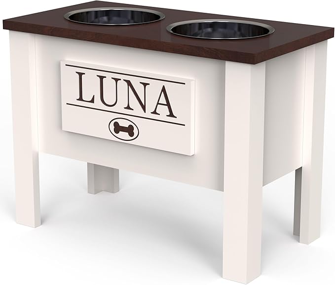 GTW Personalized Elevated Dog Bowl Stand for Large, Medium, Small, X-Small Dogs - Stainless Steel Food and Water Bowls - Raised Dog Dish (X-Large, Brown)