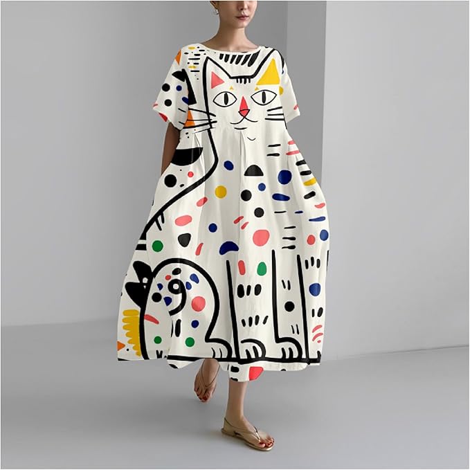 MARSVOVO Summer Dress for Women Funny Cat Graphic Cute Short Sleeve Maxi Dress Causal Plus Size Party Dress for Women