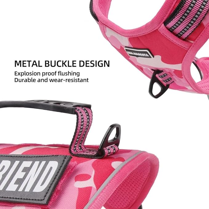 Tactical Dog Harness with Leash for Large Dogs, No Pull Adjustable Dog Harness, Reflective K9 Working Pet Vest for Walking, Training (Fuchsia Camo, S)