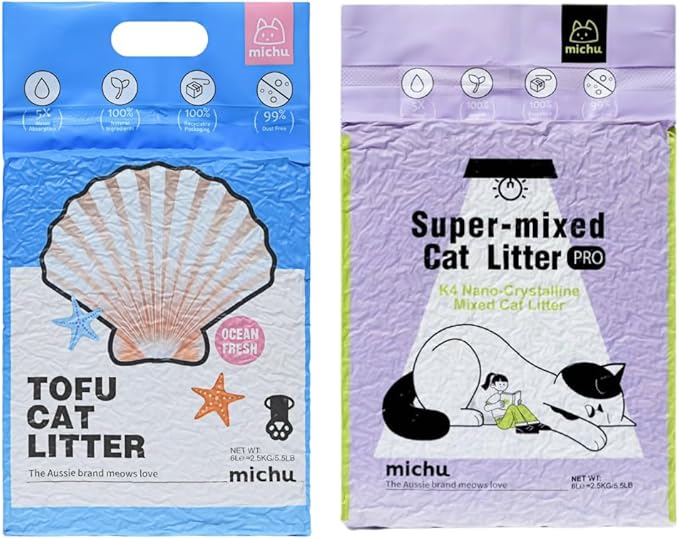 Michu Tofu Cat Litter Natural Clumping Tofu Cat Litter 5.5lb/88oz 5 Scents (Ocean Fresh + Mixed, 2 Pack)
