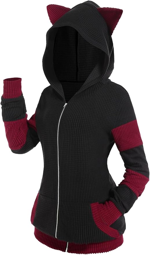 ROSE GAL Rosegal Women Plus Size Cat Ear Ribbed Hooded Blouson Jacket Animal Ear Two Tone Cute Hoodie