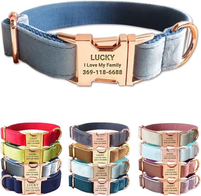 PETDURO Personalized Dog Collar Dusty Blue Soft Velvet for Large Medium Small Boy Girl Dogs - Custom Collar with Name Phone Engraved on Rose Gold Metal Buckle - Add Leash Bow Set via Customize Now