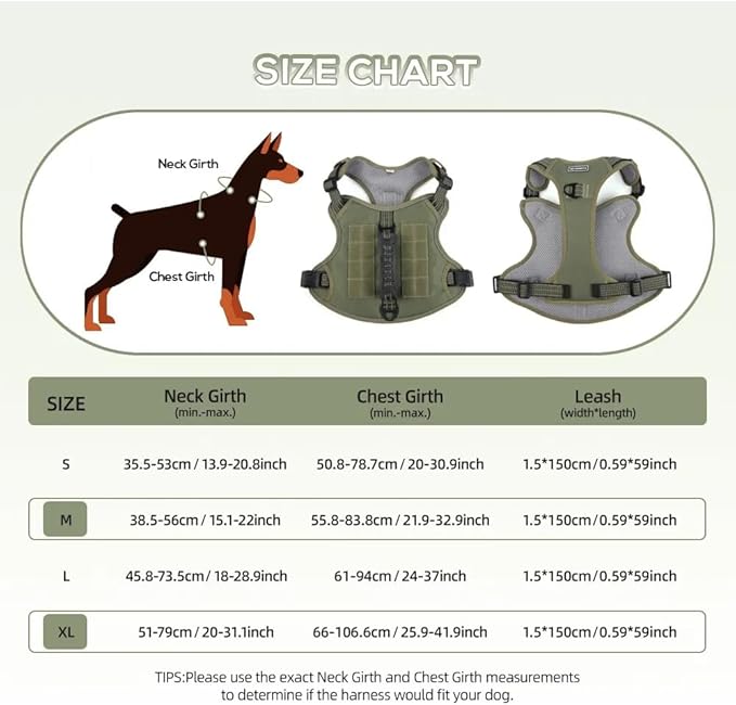 Tactical Dog Harness with Leash for Large Dogs, No Pull Adjustable Dog Harness, Reflective K9 Working Pet Vest for Walking, Training (Army Green, S)