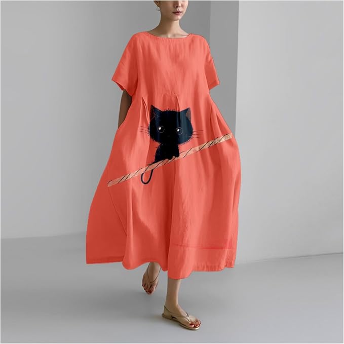 MARSVOVO Summer Dress for Women Funny Cat Graphic Cute Short Sleeve Maxi Dress Causal Plus Size Party Dress for Women
