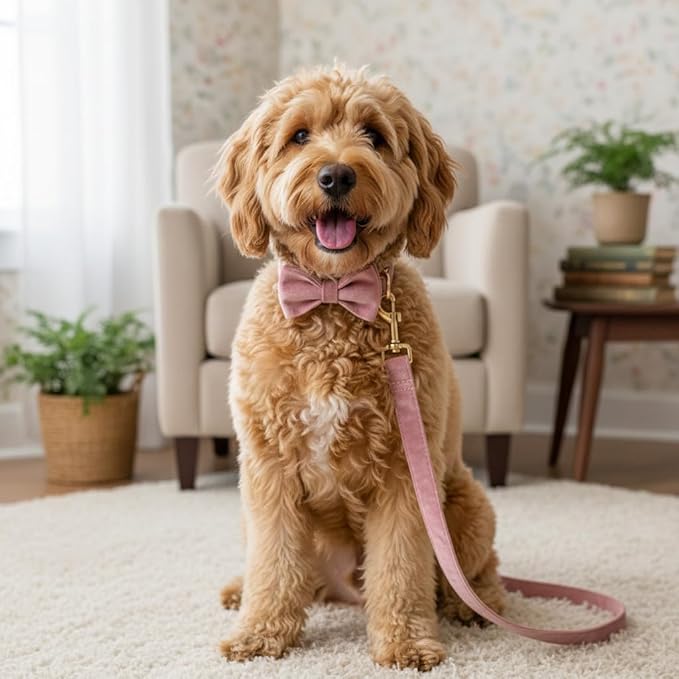 PETDURO Custom Dog Collar Personalized with Name Engraved Gold Metal Buckle for Large Medium Small Girl Dogs - Dog Leash and Bow Tie Available - Soft Comfy Velvet (Champagne Pink, XL)