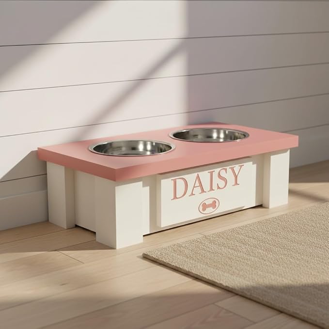 GTW Personalized Elevated Dog Bowl Stand for Large, Medium, Small, X-Small Dogs - Stainless Steel Food and Water Bowls - Raised Dog Dish with Internal Storage (X-Small, Magenta)