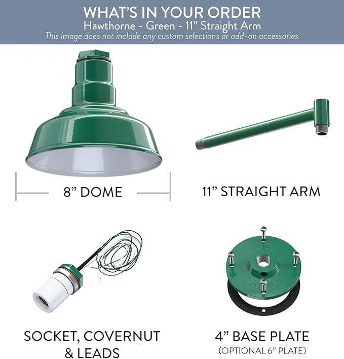 Steel Lighting Co. | Dusk to Dawn | Hawthorne Barn Light | Outdoor Wall Mounted | 8 in Dome | 11 inch Straight Arm| Small Farmhouse Light Made in America | Green Exterior/White Interior