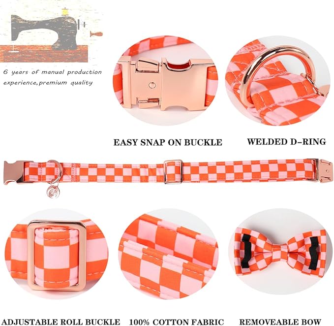 DOGWONG Orange Pink Plaid Dog Collar with Bow - Adjustable and Comfortable Autumn Dog Collar Fall Necklace for Large Medium Small Pet