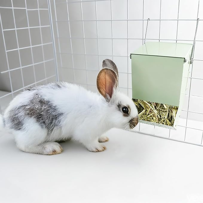 2 Pcs Metal Small Animal Feeder for Cages, Large Capacity Food Dispenser with Lid, Great for Rabbits, Guinea Pigs, Chinchillas,Chicken and Other Small Animals(4.7 Inches,Light Green)