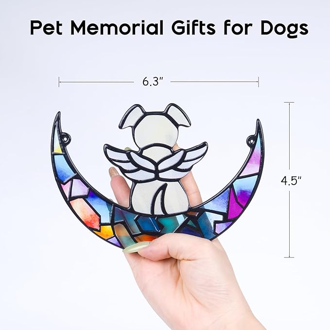 Stained Glass Angle Dog Memorial Suncatcher for Loss of Dog Sympathy Gifts, Dog Memorial Gifts with Sympathy Card, Dog Remembrance Gifts for Pet Lovers, Dog on Moon Ornaments for Window Hanging