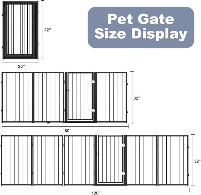Free Standing Dog Gate with Door,80'' Extra Wide 32'' Tall Metal Dog Gates for Doorways, Foldable Pet Gate Fence Indoor & Outdoor for Stairs,Hallways,Decks,Porch,Yard (4 Panels,Black)