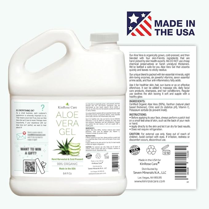 Organic Aloe Vera Gel Bulk - Half Gallon - for Face, Skin, Hair & Sunburn Relief From 100 Percent Pure Aloe Vera - Cold Pressed, Vegan, Unscented - Made in USA (64 Fl Oz)