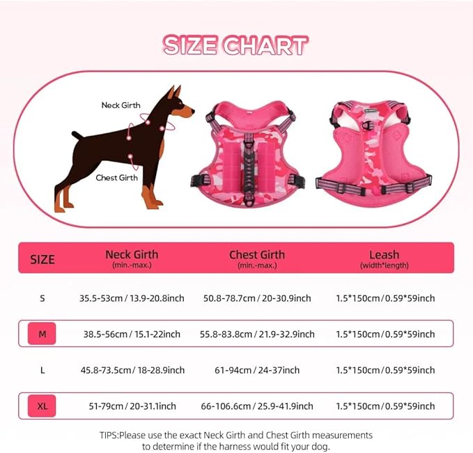 Tactical Dog Harness with Leash for Large Dogs, No Pull Adjustable Dog Harness, Reflective K9 Working Pet Vest for Walking, Training (Fuchsia Camo, L)