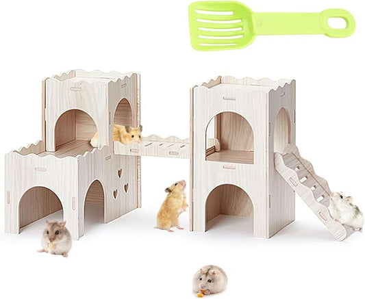 Wooden Dwarf Hamster House, Hamster Tiny House Hideout, Maze House, Large Balcony Lookout Holes, Easy to Assemble, Detachable Parts, Secure Hideaway, A