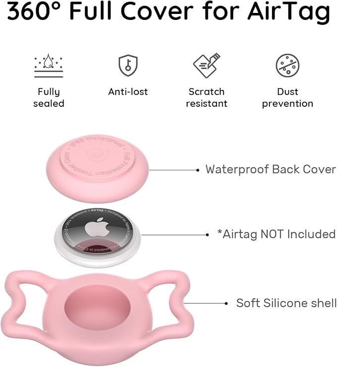 for Airtag Dog Collar Holder, Dog Airtag Holder Waterproof, Lightweight & Soft Silicone Air Tag Case for Pet Collars, Works with Multiple Tracker Tag Products(Black+Rose+Blue+Pink, 4 Pack)
