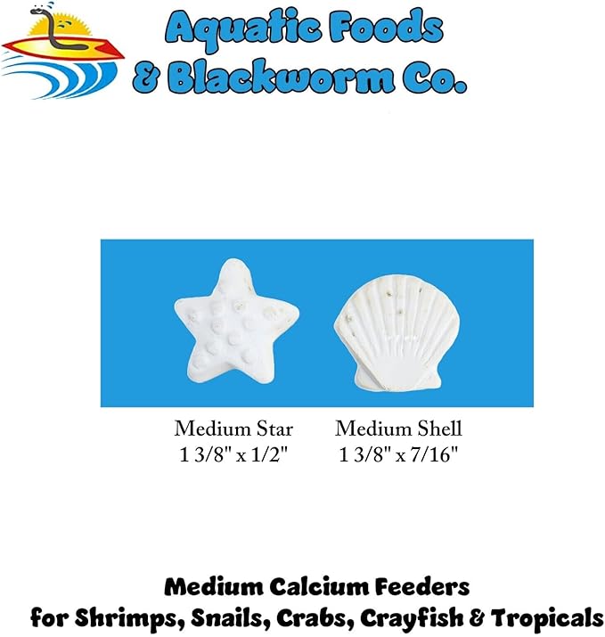 Aquatic Foods Inc. Medium Size Calcium Feeder Stars & Shells for Shrimp, Snails, Crabs, Crayfish, Hermit Crabs and All Tropical Fish…100 Count Jar