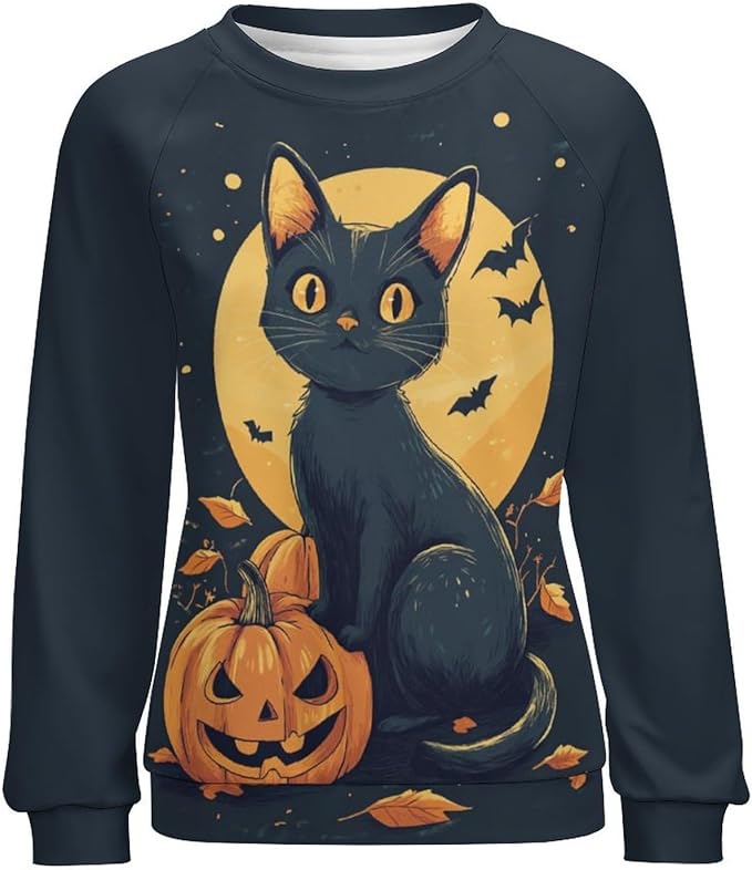 Halloween Sweatshirts for Women Black Cat Print Pullover Crewneck Oversized 2024 Fall Fashion Casual Warm Shirt