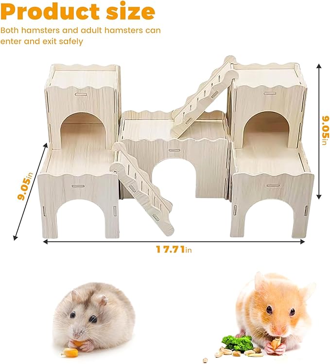 Wooden Dwarf Hamster House, Hamster Tiny House Hideout, Maze House, Large Balcony Lookout Holes, Easy to Assemble, Detachable Parts, Secure Hideaway, F