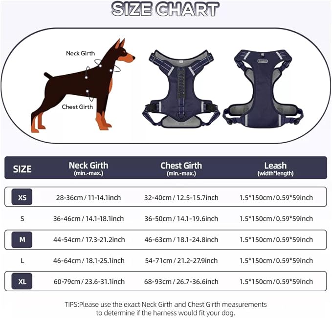 Dog Harness No Pull Adjustable Reflective,for Medium and Large Small Dog with Leash 59.06in (Dark Blue, L)