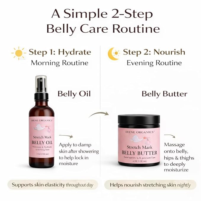 Belly Bundle by Irene Organics - Organic Belly Butter and Oil for Pregnancy Stretch Mark Prevention and Treatment - Award Winning Skincare For Pregnancy and Postpartum - Mother's Day Gift Set (Large)