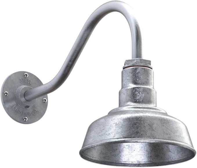 Steel Lighting Co. | Dusk to Dawn | Hawthorne Barn Light | Outdoor Wall Mounted | 8 in Dome | 16 inch Gooseneck| Small Farmhouse Light Made in America | Galvanized Exterior/Galvanized Interior