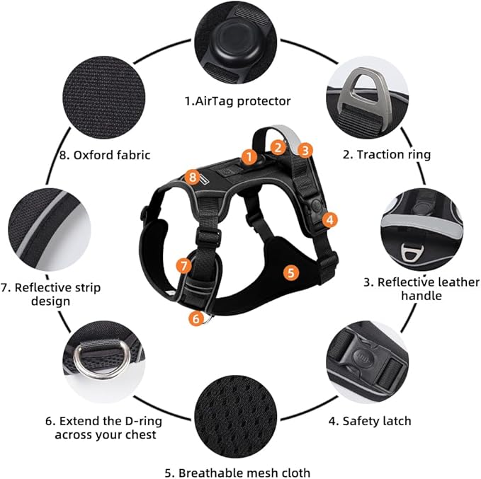 Airtag Dog Harness Chest Plate Reflective No Pull Harness with Leash for Extra Large Dogs (Black, M)