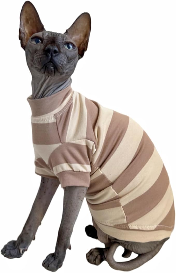 Sphynx Cat Clothes Shirts for Hairless Cat, Wide Stripe Cats Apparel, Kitten Summer Cotton T-Shirts with Sleeves for Cornish Rex, Devon Rex, Peterbald (Coffee, X-Large)