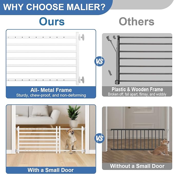 Malier Indoor Dog Gate with Door, 26-41" Extra Wide Full Metal Pet Gate Short Dog Gate for Stairs, Pressure Mount 20'' Tall Small Puppy Gate, Easy Step Over Low Gate for Doorways