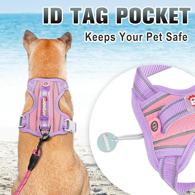 BARKBAY No Pull Dog Harness Large Reflective Dog Harness with Front Clip and Easy Control Handle for Walking Training Running with ID tag Pocket(Baby Pink & Violet Purple,M)