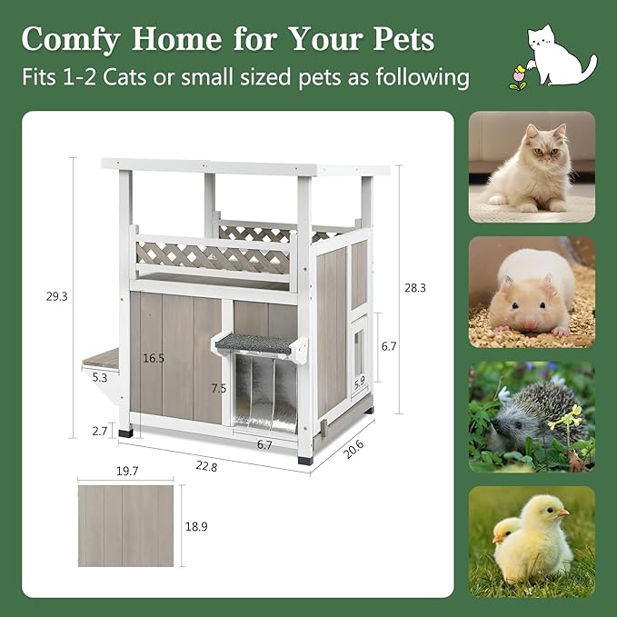 PetsCosset Outdoor Cat House 2 Story Wooden Houses for Outside Feral Cats Weatherproof Indoor Cat Condo with Large Balcony 2 Escape Doors to Enhanced Safety, Easy Slide Bottom, Simple Assembly