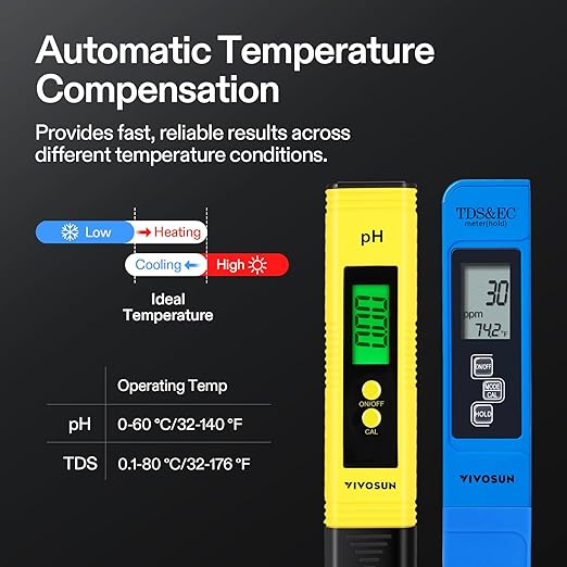 VIVOSUN Digital pH and TDS Meter Kits, 0.01pH High Accuracy Pen Type pH Meter ± 2% Readout Accuracy 3-in-1 TDS EC Temperature Meter for Hydroponics, Pool and Aquarium, Yellow Blue, UL Certified